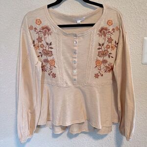 Coco + Jaimeson- Cream Embroidered Peplum Blouse, Size Large